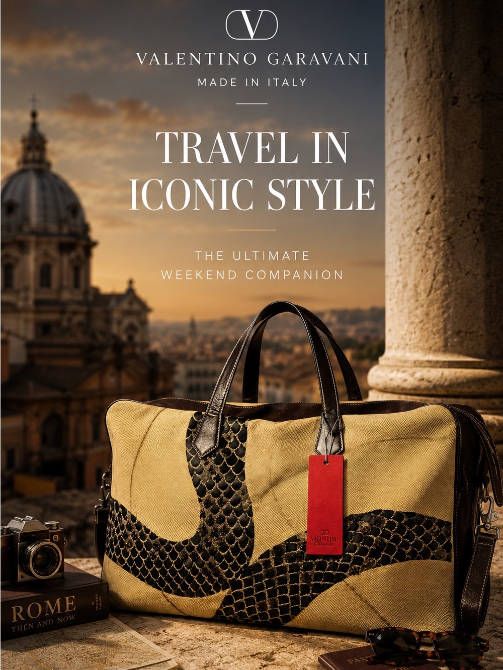 Valentino Garavani Sacca Viaggio 50 Snake Canvas Travel Bag Weekender
